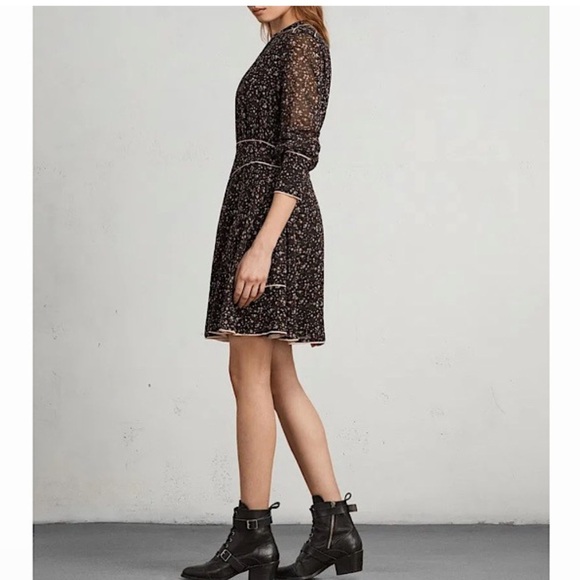 All Saints ‘Kay Pepper’ Black Micro Floral Print Dress - high neck -US8 long sle - Picture 3 of 6